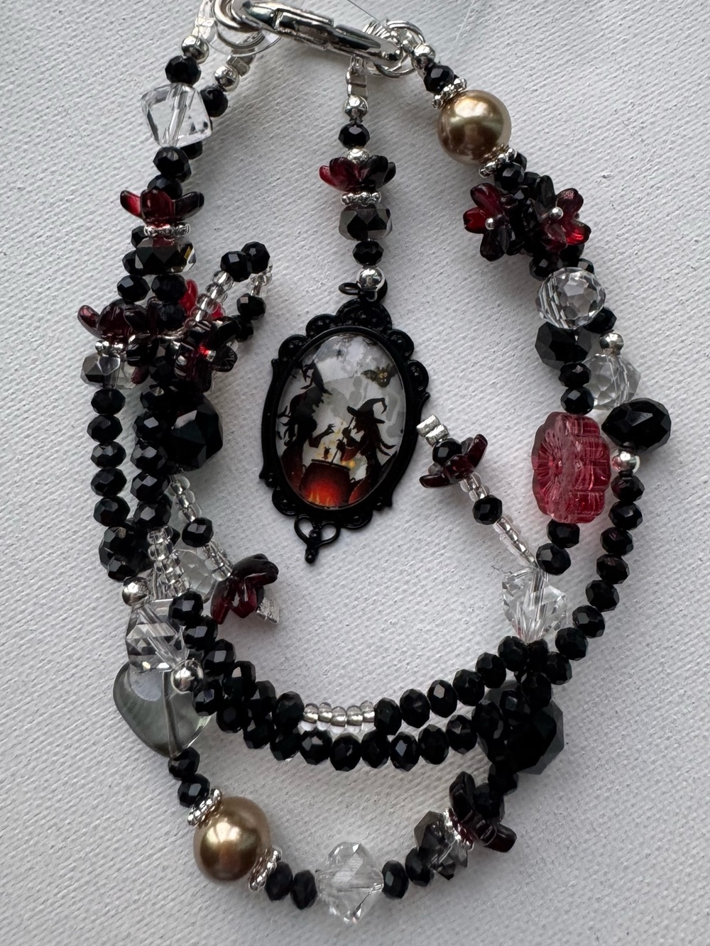 Black and Burgundy Witch Silhouette Beaded Phone Charm